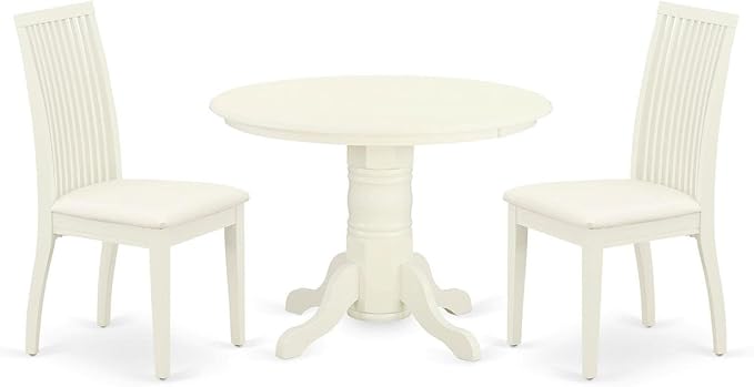 East West Furniture SHIP3-WHI-C 3 Piece Dinette Set for Small Spaces Contains a Round Dining Room Table with Pedestal and 2 Linen Fabric Kitchen Dining Chairs, 42x42 Inch, Linen White