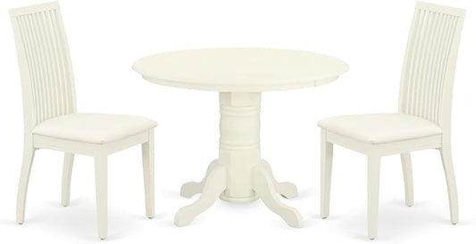 East West Furniture SHIP3-WHI-C 3 Piece Dinette Set for Small Spaces Contains a Round Dining Room Table with Pedestal and 2 Linen Fabric Kitchen Dining Chairs, 42x42 Inch, Linen White
