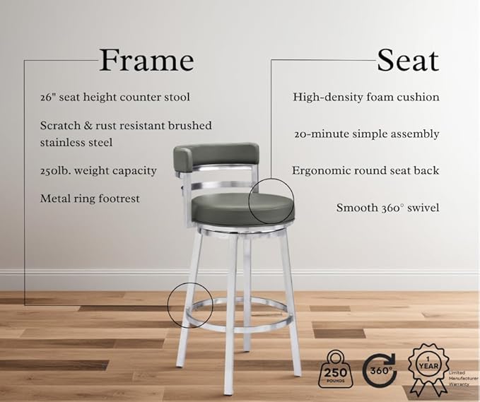 Armen Living Madrid 26" Counter Height Swivel Modern Gray Faux Leather and Brushed Stainless Steel Bar Stool for Kitchen Island Counter