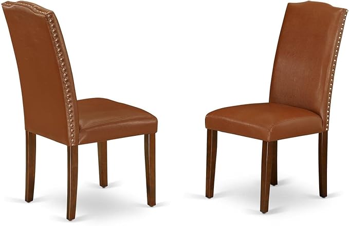 East West Furniture ANEN3-MAH-66 3 Piece Dining Room Furniture Set Contains a Round Dining Table with Pedestal and 2 Brown Faux Faux Leather Upholstered Chairs, 36x36 Inch, Mahogany