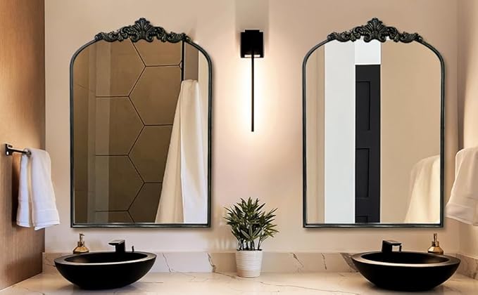 WAMIRRO Arched Mirror,Black Traditional Vintage Ornate Baroque Mirrors,Antique Brass Mirrors for Entryway/Fireplace/Living Room/Hallway/Bathroom.24“X36“ Black