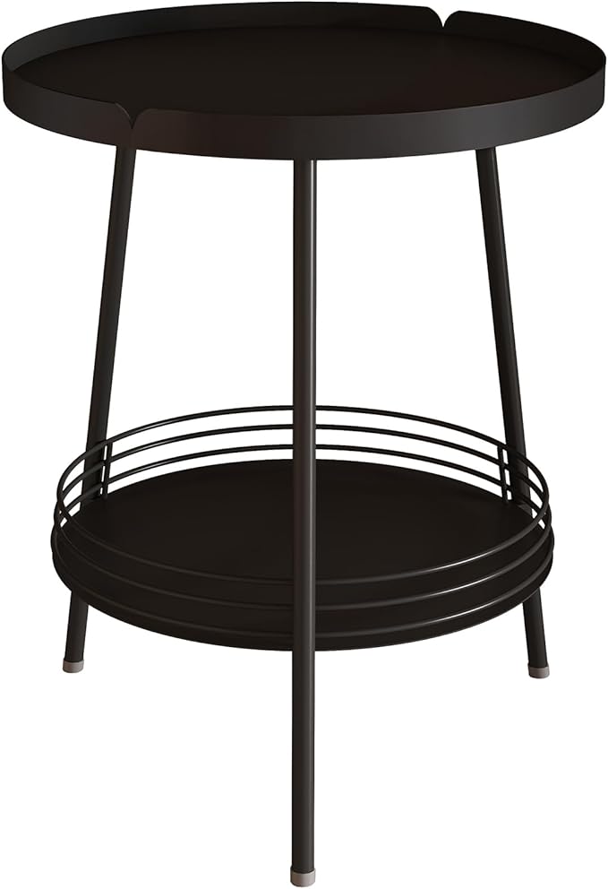 Benkyo 2 Tier Black Metal Round Side Table Tiered Two Shelf Storage Coffee Sofa End Table for Living Room and Bedroom,Black