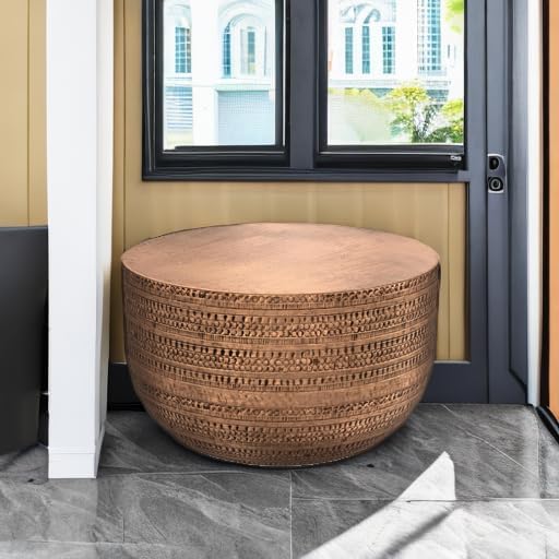 SIMPLIHOME Johnsen 30-inch Wide Metal Drum Coffee Table in Antique Copper, Boho-Style Cocktail Table for Living Room or Family Room, Assembled