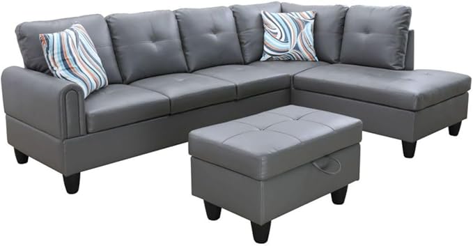 Dark Grey L-Shaped 3-Piece Faux Leather Sofa with Storage Ottoman Set, Sectional Couch Sofa Set for Living Room, Office, Small Space