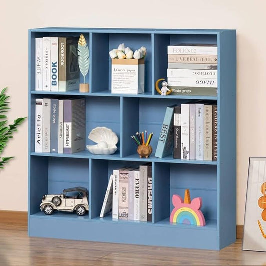 YAHARBO 3 Tier Bookshelf,Wide Kids Horizontal Bookcase,8 Cube Blue Book Shelf,Large Display Toy Storage Cabinet with Base,Floor Standing Modern Bookcases Organizer for Bedroom,Nursery,Playroom