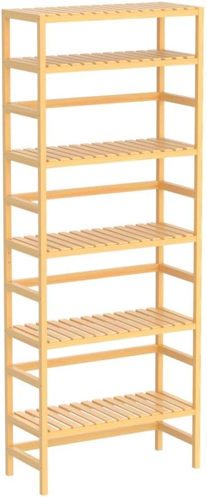 Homykic 6-Tier Bamboo Bookshelves and Bookcases, Adjustable 63.4”Tall Shallow Book Shelf Organizer Rack, Freestanding Storage Shelving Unit for Living Room, Kitchen, Bathroom, Office, Natural