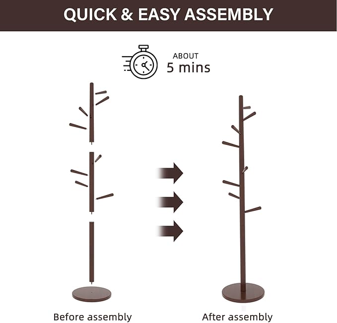 CozyDH Coat Rack Freestanding Solid Wood Coat Rack Stand, Coat Tree Freestanding with 8 Hooks Creative Tree Branch-look for Entryway, Hallway, Bedroom (Walnut)