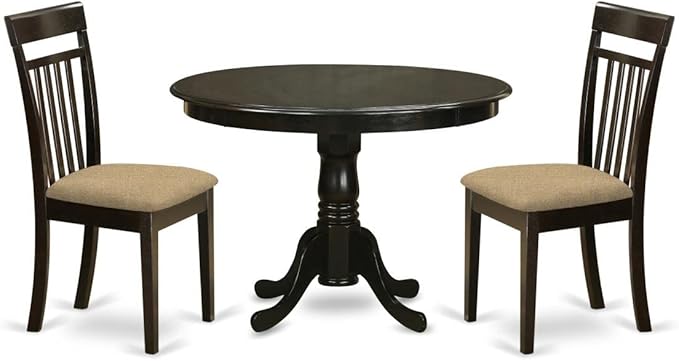 East West Furniture HLCA3-CAP-C 3 Piece Modern Dining Table Set Contains a Round Wooden Table with Pedestal and 2 Linen Fabric Upholstered Dining Chairs, 42x42 Inch, Cappuccino