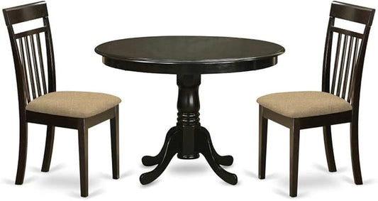 East West Furniture HLCA3-CAP-C 3 Piece Modern Dining Table Set Contains a Round Wooden Table with Pedestal and 2 Linen Fabric Upholstered Dining Chairs, 42x42 Inch, Cappuccino