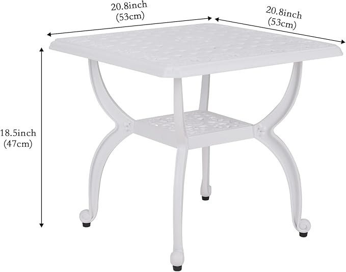 JARDIN DE CENTENNIAL Cast Aluminum Outdoor Side Table,Anti-Rust Outdoor End Table,Patio Coffee Bistro Table for Indoor,Garden,Porch,Balcony(Square White)