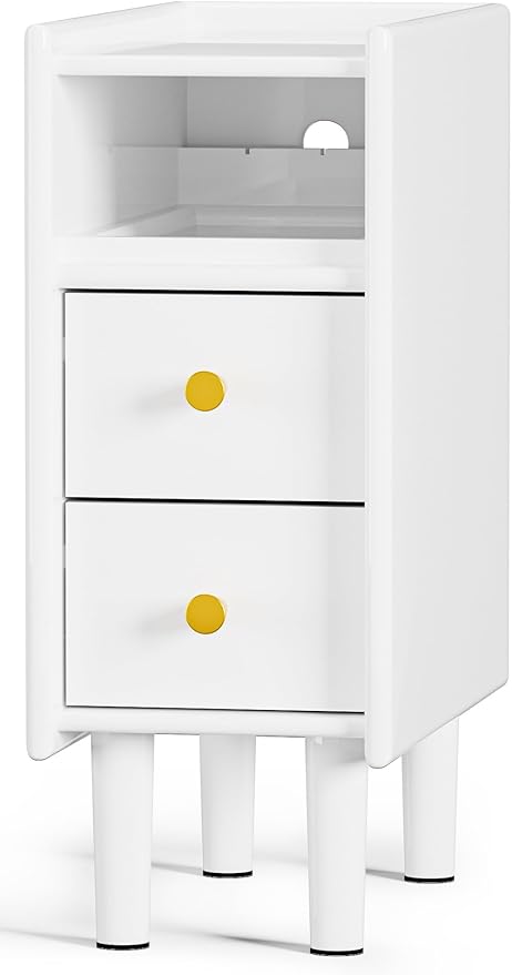 Huolewa Narrow Nightstand with 2 Drawers - Solid Wood Narrow Side Table with Open Shelf for Small Spaces, Couch, Bedroom, Living, Office - Small Bedside Table, End Tables (White, 7.87 inch)