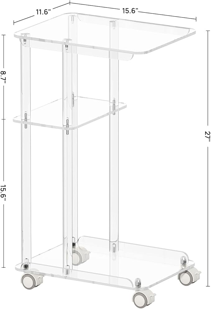 HMYHUM Acrylic C Shaped Table with Wheels, Clear Rolling Side/End Table for Couch, Living Room, Bedroom, Slide Under Sofa Table for Small Spaces, 15.6" L x 11.6" W x 27" H