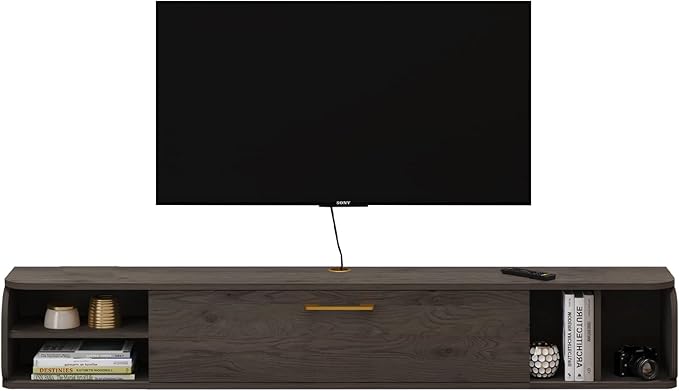 Floating TV Unit, 76'' Wall Mounted TV Cabinet, Floating Shelves with 4 Cabinets, Wood Entertainment Media Console Center Large Storage TV Bench for Living Room & Office (75.98IN, Dark Grey)