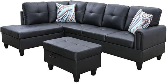 Black White L-Shaped 3-Piece Faux Leather Sofa with Storage Ottoman Set, Sectional Couch Sofa Set for Living Room, Office, Small Space
