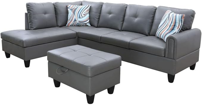 Dark Grey L-Shaped 3-Piece Faux Leather Sofa with Storage Ottoman Set, Sectional Couch Sofa Set for Living Room, Office, Small Space