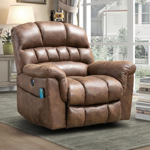 Phoenix Home Large Power Lift Recliner with Massage and Heat for Elderly, Heavy Duty & Safety Motor Reclining Chair, Faux Leather Electric Wider Recliner with USB Ports, 2 Side Pockets, Brown