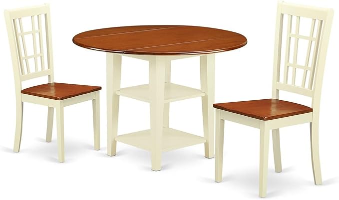 East West Furniture SUNI3-BMK-W 3 Piece Kitchen Table Set for Small Spaces Contains a Round Dining Room Table with Dropleaf & Shelves and 2 Dining Chairs, 42x42 Inch, Buttermilk & Cherry