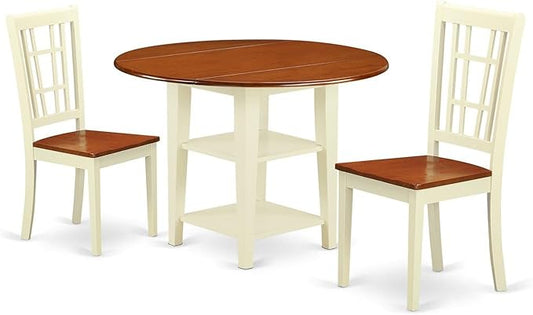 East West Furniture SUNI3-BMK-W 3 Piece Kitchen Table Set for Small Spaces Contains a Round Dining Room Table with Dropleaf & Shelves and 2 Dining Chairs, 42x42 Inch, Buttermilk & Cherry
