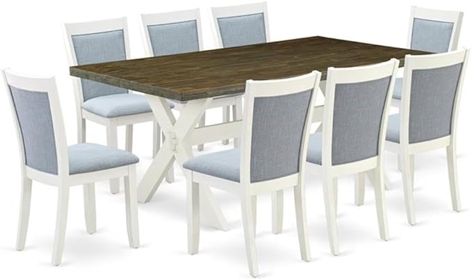 East West Furniture X077MZ015-9 9 Piece Dining Room Furniture Set Includes a Rectangle Dining Table with X-Legs and 8 Baby Blue Linen Fabric Parsons Chairs, 40x72 Inch, Multi-Color