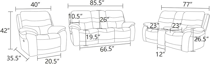 Electric Power Reclining Sofa Set, Genuine Breathing Leather Recliner Couch Set, Comfy Wide Lazy 3 Pieces Top Grain Leather Sofa with Built in USB Port for Living Room (Grey, 3-Piece)