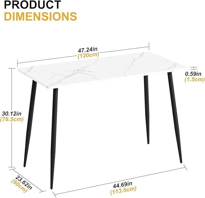 Garden 4 you Wood Dining Table for 4-6 People, Modern Rectangular Indoor Dinner Table, 47" Metal Frame Kitchen Table with Legs for Kitchen, Dining Room, Living Room, White