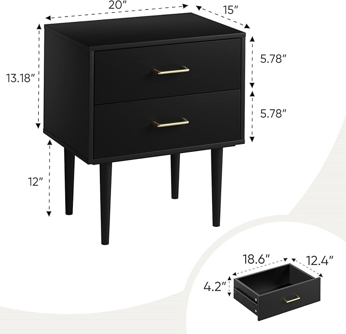 Smart FENDE 26 inch Tall Black Nightstand with 2 Drawers, ModernNight Stand Set of 2, Mid-Century Modern End Table, Wooden Bedside Table with Solid Wood Leg for Bedroom