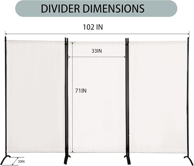 Room Divider 3-Panel Privacy Screen, Portable Screen Steel Frame with Hook&Loop for Home, Office, Classroom, Studio, Meeting (White