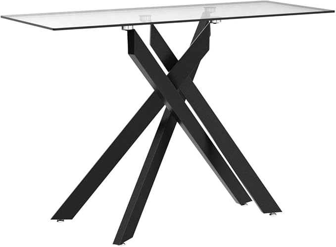 Modern Style Console Table Narrow Sofa Table with Grey Tempered Glass Top and Black Metal Tubular Legs with Gold Rim, 45”Lx18”Wx30”H