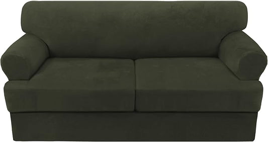 H.VERSAILTEX Sofa Cover 3 Piece T Cushion Loveseat Slipcovers Thick Velvet Couch Cover Stretch T Cushion Sofa Covers for 2 Cushion Couch with 2 Individual T Cushion Covers, Olive