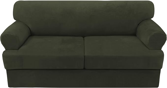 H.VERSAILTEX Sofa Cover 3 Piece T Cushion Sofa Slipcovers Thick Velvet Couch Cover Stretch T Cushion Sofa Covers for 2 Cushion Couch with 2 Individual T Cushion Covers, Olive