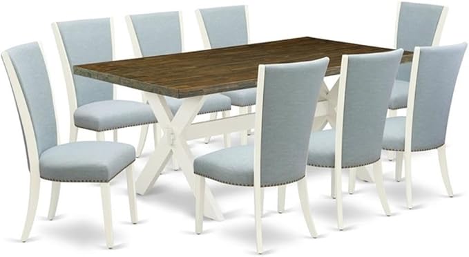 East West Furniture X077VE215-9 9 Piece Kitchen Table Set Includes a Rectangle Dining Table with X-Legs and 8 Baby Blue Linen Fabric Parson Dining Room Chairs, 40x72 Inch, Multi-Color