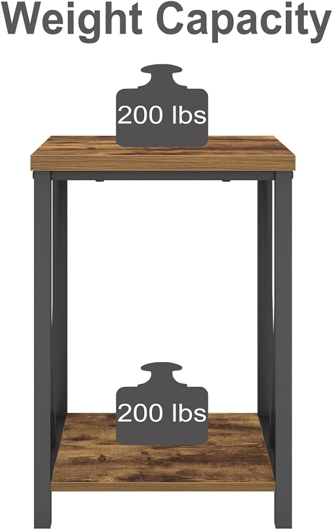 EXCEFUR End Table, Square Side Tables for Living Room, Industrial Metal and Wood Nightstand for Bedroom, Rustic Brown