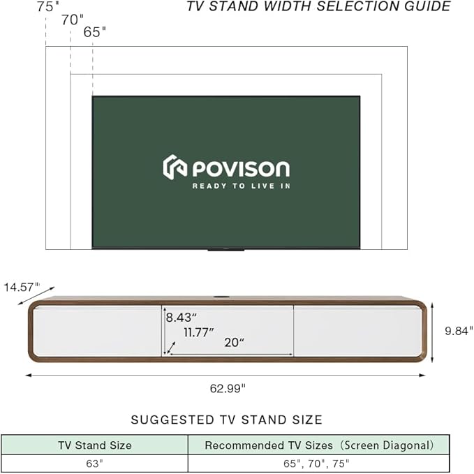 POVISON Fully Assembled Floating TV Stand with Flip-Down Cabinet Doors, 63" Walnut and White Floating Media Console, Solid Wood Floating Entertainment Center, Minimalist TV Stand