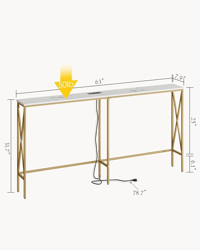 Masupu 63" Console Table with Power Outlet, Modern Narrow Long Sofa Table Behind Couch, Skinny Entry Table, Industrial Sofa Table with Metal Frame for Hallway, Living Room, Marble White