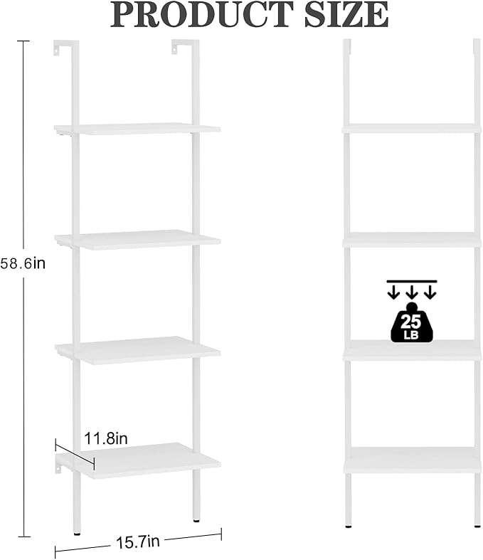 Ladder Shelf 4 Tiers Metal Industrial Bookshelf,White Wooden Tall Open Storage Rack and Display Shelves,Wall Mount Wide Bookcase for Home Office Bedroom,Small