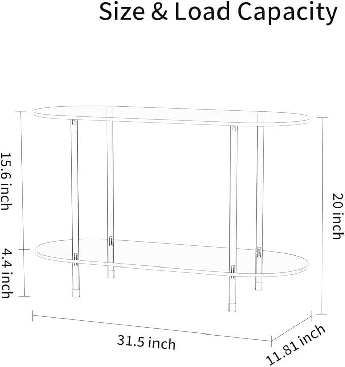 Clear Acrylic Console Table, 31.5" L x 11.8" W x 20" H, 2 Tier Oval Small Transparent Storage shelf Side End Sofa Entry Entryway Table for Sofa, Foyer, Hallway, Living Room