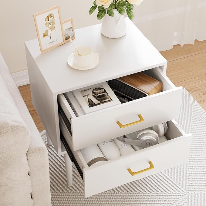 Set of 2 White Nightstand with 2 Drawers,Tall Night Stand with Gold Handles, Bedside Table with Solid Wood Legs, Nightstands for Bedroom