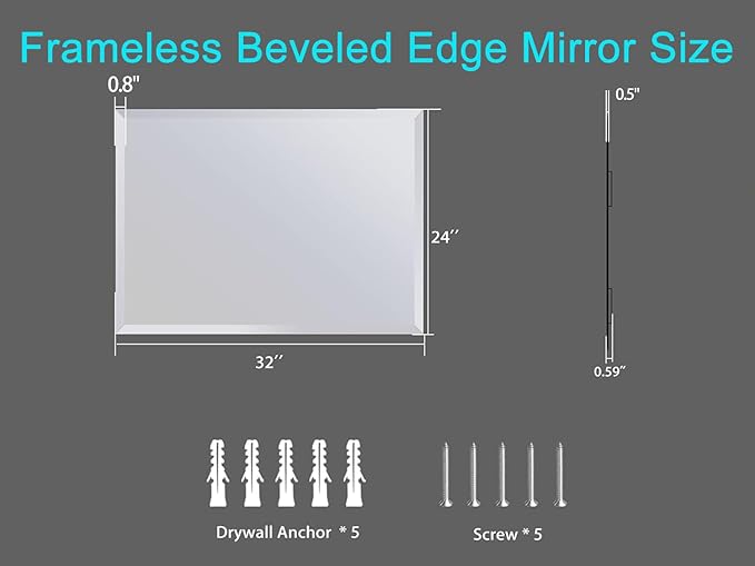 Frameless Beveled Edge Bathroom Mirror 24x32 Inch Rectangle Beveled Mirror Wall Mirror Explosion Proof and Shatterproof Bathroom Vanity Mirror Wall Mounted Hang Firmly (Horizontal or Vertical)