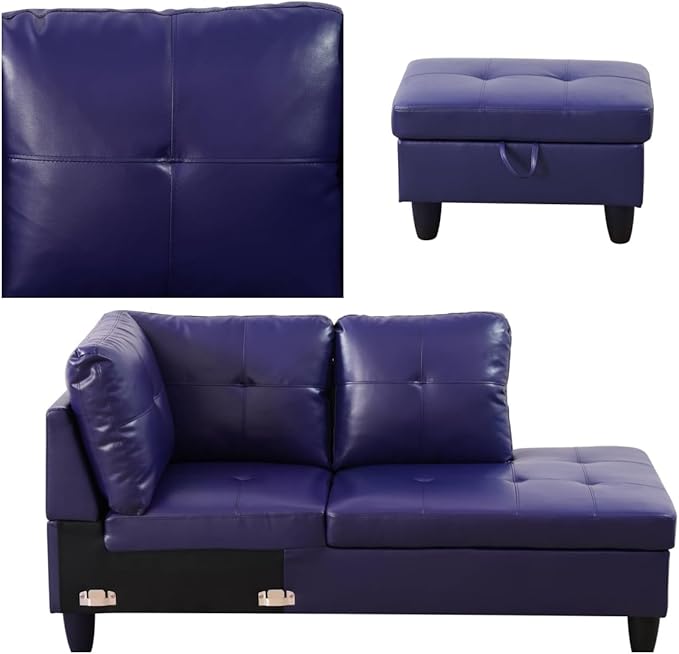 Convertible Leather Sectional Couch, Modern L Shaped Couch with Storage, Large Modular 5-Seat Sectional Sofa with Ottomans for Living Room and Office, Dark Blue-Violet