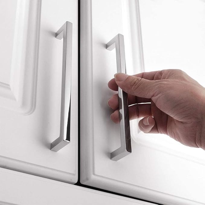 KOOFIZO Solid Square Bar Cabinet Handle - Chrome Furniture Pull, 6.3 Inch/160mm Screwhole Distance, 10-Pack for Kitchen Cupboard Door, Bedroom Dresser Drawer, Bathroom Wardrobe Hardware