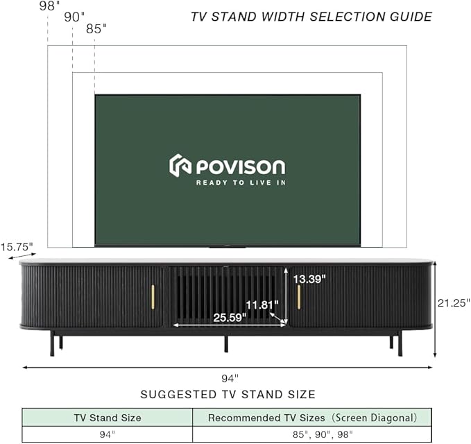 POVISON Sliding Tambour Door TV Stand, Mid Century Modern Sintered Stone TV Console, Wood Media Console for 85 Inch TV, Entertainment Center with Storage Cabinet, Fully-Assembled (Black, 94.49")