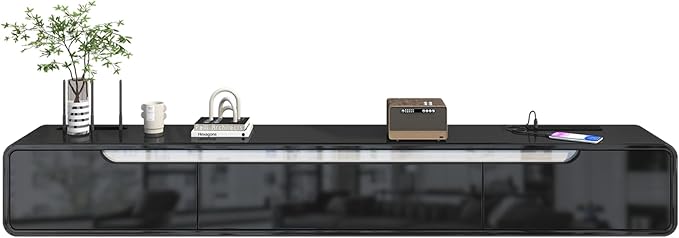 CENOVE High Gloss Floating TV Stand with 3 Doors,70.8'' Wall Mounted TV Cabinet,Under TV Console,Floating Media Shelft for Bedroom Living Room(Black