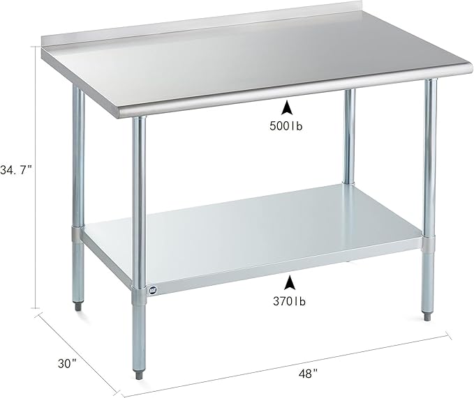 ROCKPOINT Stainless Steel Table for Prep & Work with Backsplash 30x48 Inches, NSF Metal Commercial Kitchen Heavy Duty Table with Adjustable Under Shelf and Table Foot for Restaurant, Home and Hotel