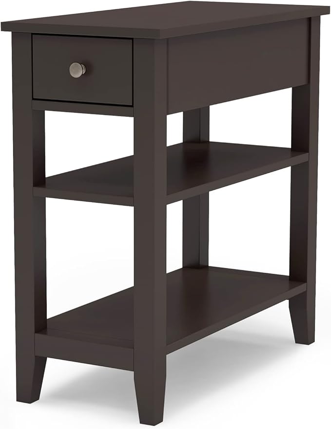 ChooChoo Side Table Living Room, Narrow End Table with Drawer and Shelf, 3-Tier Sofa End Table for Small Space, Espresso