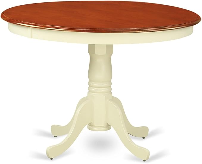 East West Furniture HLPL5-BMK-C 5 Piece Modern Dining Table Set Includes a Round Wooden Table with Pedestal and 4 Linen Fabric Kitchen Dining Chairs, 42x42 Inch, Buttermilk & Cherry