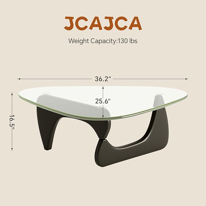 Glass Coffee Table for Living Room Mid Century Modern Triangle Center Table with Wooden Base, Transparent/Black
