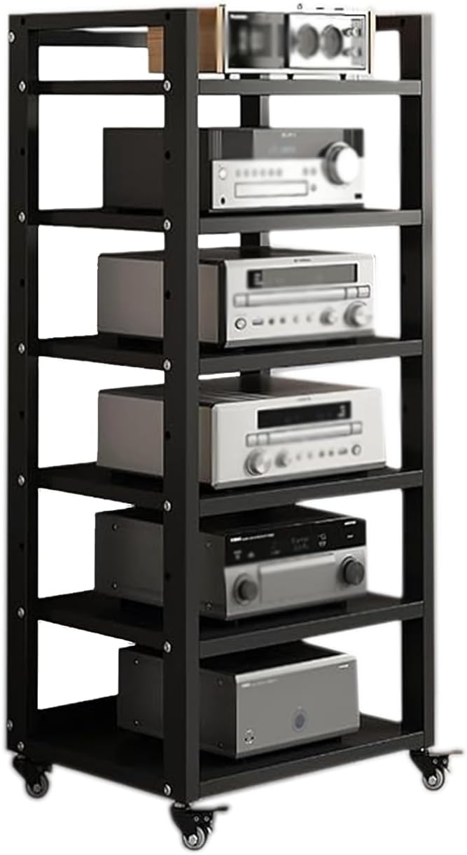 6 Tier Audio Rack Tower, CD Record Player Stereo Receiver AV Equipment Cabinet Display Rack, Weight Capacity 661 lbs, with Adjustable Wooden Shelves for Home (BIACK, 6 Tier 47×19.7×15.7IN)