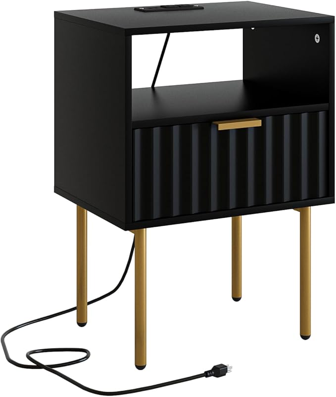 Masupu Nightstand with Charging Station,Mid-Century Modern Bedside Table with Storage Drawer and Open Wood Shelf,Small Gold Frame Side Table for Bedroom,Living Room (Black Fluted)