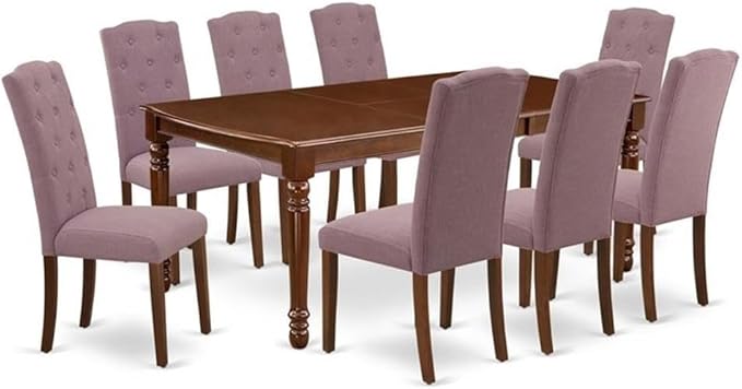 East West Furniture DOCE9-MAH-10 9 Piece Dining Table Set Includes a Rectangle Dinner Table with Butterfly Leaf and 8 Dahlia Linen Fabric Parson Dining Chairs, 42x78 Inch, Mahogany