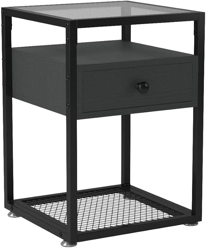 VECELO End Table, Modern Nightstand with Drawer, Night Stand Set of 2 for Bedroom Living Room,Tempered Glass